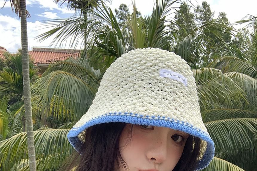 Applique Contrast Bucket Hat Lettering Knit Trim