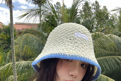 Applique Contrast Bucket Hat Lettering Knit Trim