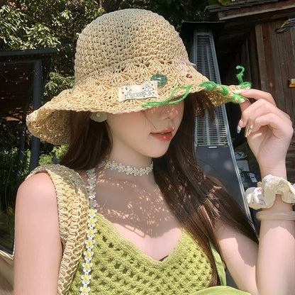 Hat Sun Contrast Stitching Straw