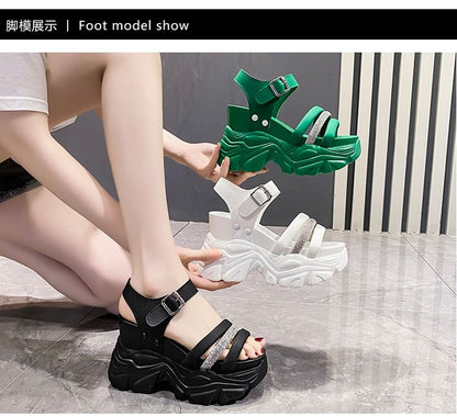 Chunky Strappy Heel Rhinestone Platform Sandals