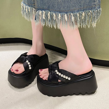 Slide Sandals Faux Platform Pearl Knot Patterned