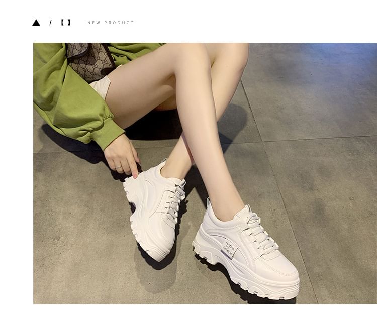 Faux Lace-Up Plain Platform Sneakers Leather