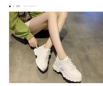 Faux Lace-Up Plain Platform Sneakers Leather