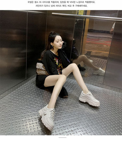 Faux Lace-Up Plain Platform Sneakers Leather