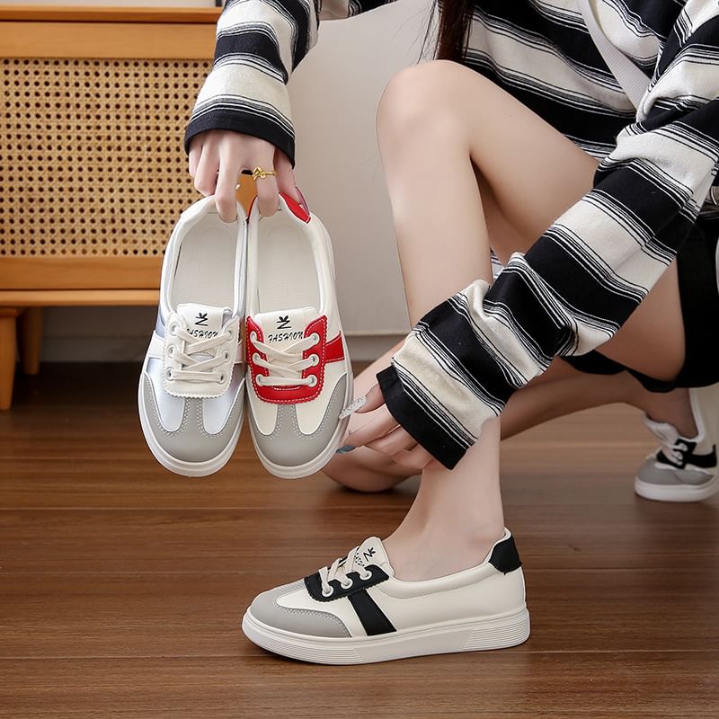 Sneakers Faux Leather Lace-Up Color Block