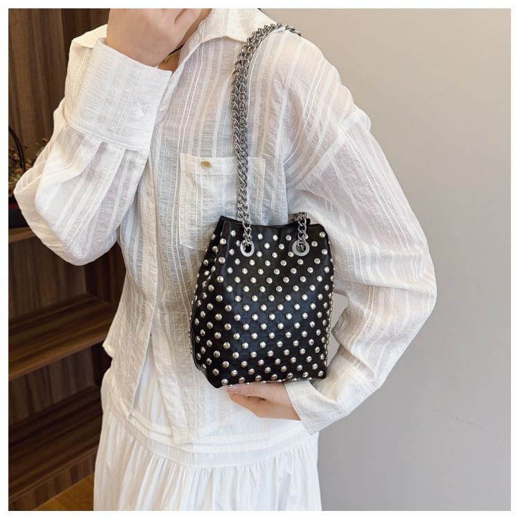 Sequin Embroidered Strap Leaf Faux Studded Chain Bucket / Bag