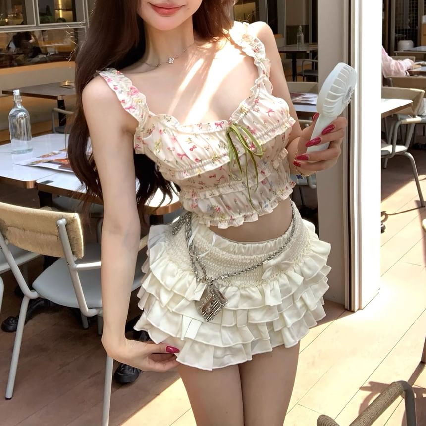 Skirt Waist Panel Elastic Frill Crop Bow Top Mini Print Tiered Floral Camisole A-Line / Plain