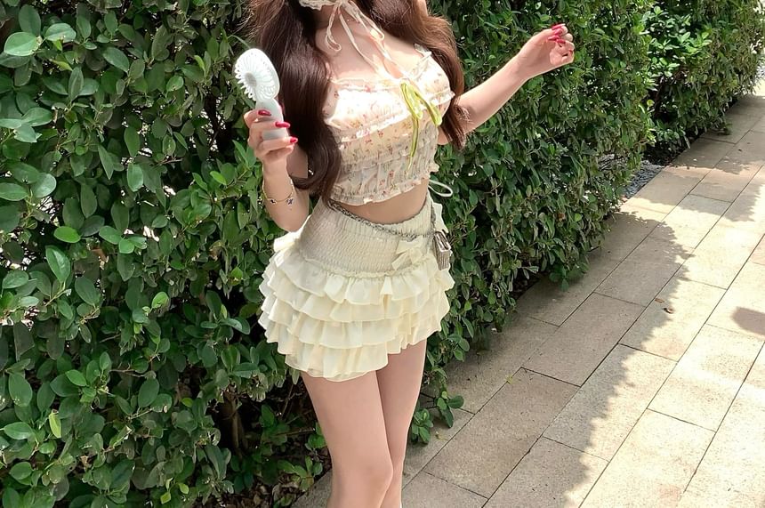 Skirt Waist Panel Elastic Frill Crop Bow Top Mini Print Tiered Floral Camisole A-Line / Plain
