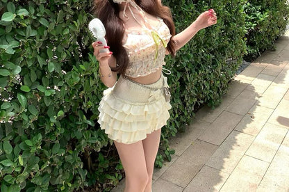 Skirt Waist Panel Elastic Frill Crop Bow Top Mini Print Tiered Floral Camisole A-Line / Plain