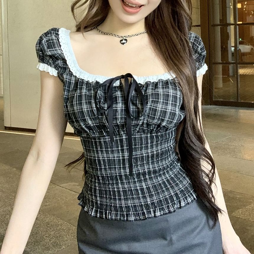 Shirred Top Sleeve Neck Bow Short Square Plaid