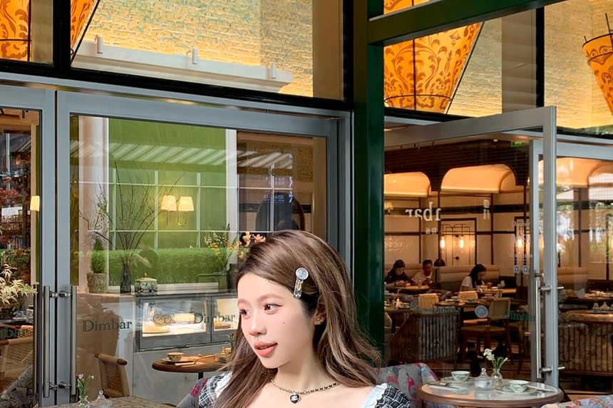 Shirred Top Sleeve Neck Bow Short Square Plaid