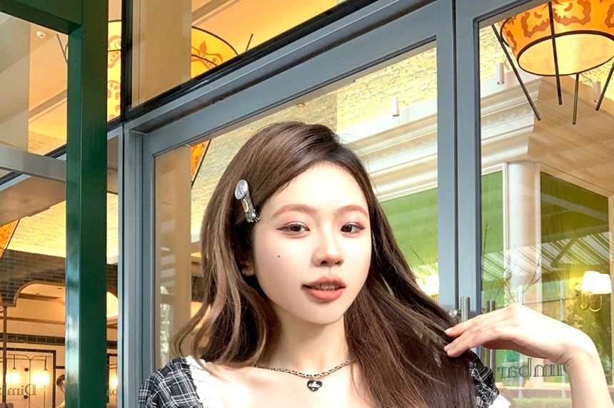 Shirred Top Sleeve Neck Bow Short Square Plaid