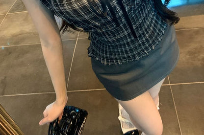 Shirred Top Sleeve Neck Bow Short Square Plaid