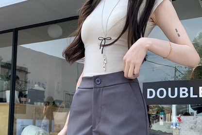 Waist Plain Shorts High Frill