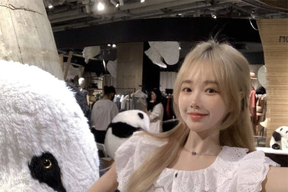 Embroidered Collared Plain Sleeve Eyelet Blouse Ruffle Cap