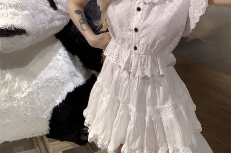 Embroidered Collared Plain Sleeve Eyelet Blouse Ruffle Cap