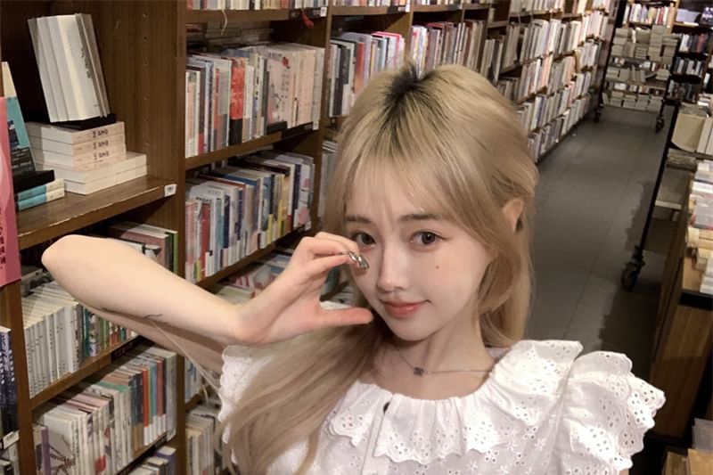 Embroidered Collared Plain Sleeve Eyelet Blouse Ruffle Cap