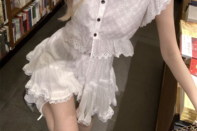 Embroidered Collared Plain Sleeve Eyelet Blouse Ruffle Cap