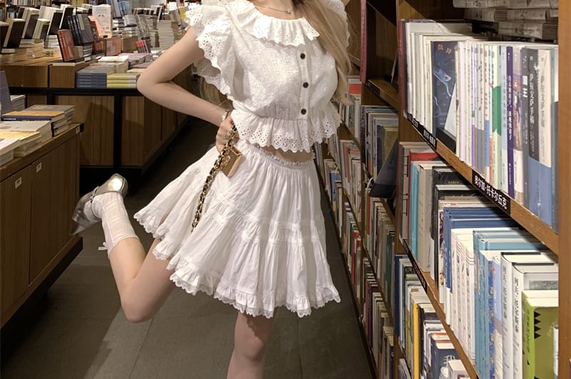 Embroidered Collared Plain Sleeve Eyelet Blouse Ruffle Cap