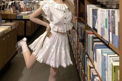 Embroidered Collared Plain Sleeve Eyelet Blouse Ruffle Cap