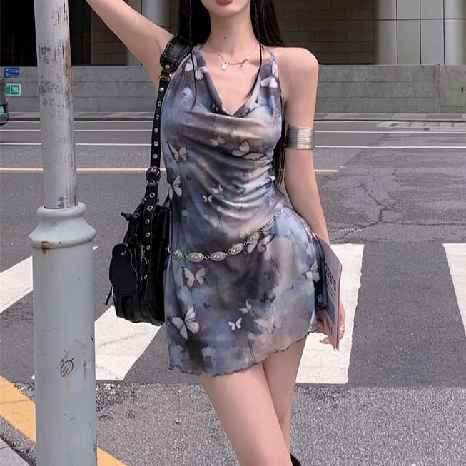 Neck Print A-Line Butterfly Cowl Dress Mini Sleeveless