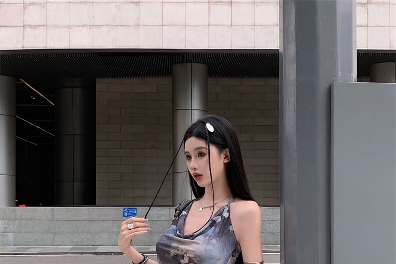 Neck Print A-Line Butterfly Cowl Dress Mini Sleeveless