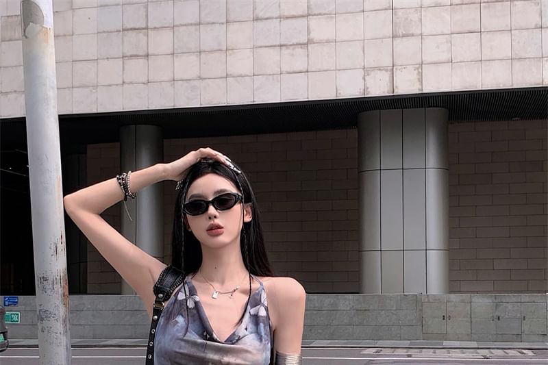 Neck Print A-Line Butterfly Cowl Dress Mini Sleeveless