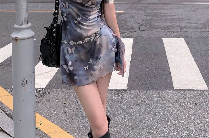 Neck Print A-Line Butterfly Cowl Dress Mini Sleeveless