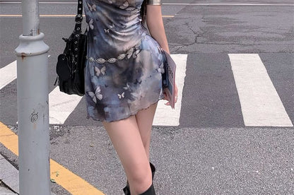 Neck Print A-Line Butterfly Cowl Dress Mini Sleeveless