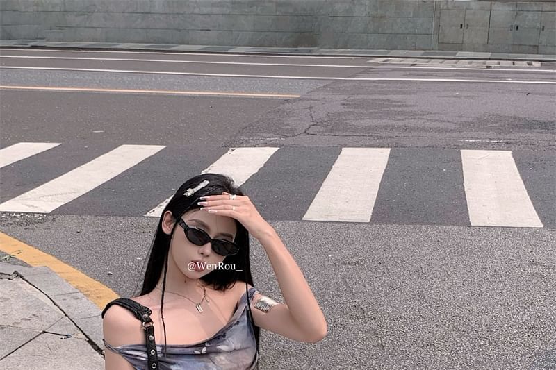 Neck Print A-Line Butterfly Cowl Dress Mini Sleeveless