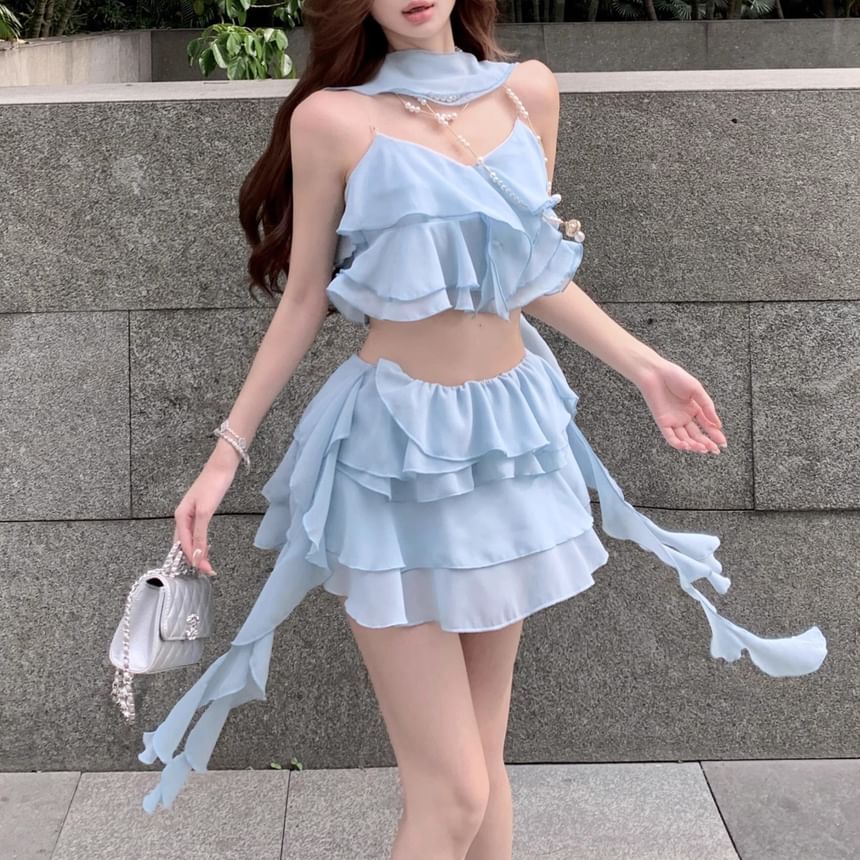 Camisole A-Line Mini Tiered Crop Skirt Ruffle / High Plain Top Waist