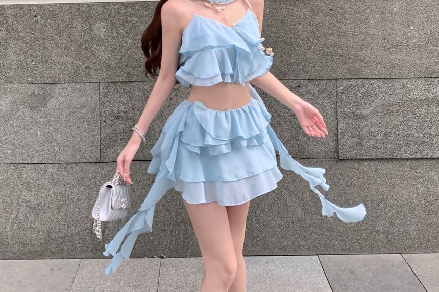 Camisole A-Line Mini Tiered Crop Skirt Ruffle / High Plain Top Waist