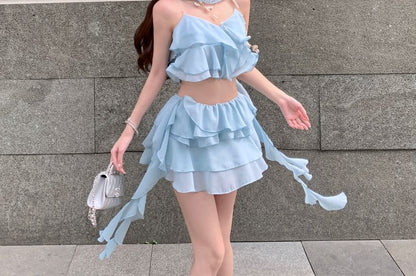 Camisole A-Line Mini Tiered Crop Skirt Ruffle / High Plain Top Waist