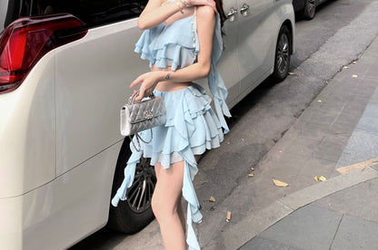 Camisole A-Line Mini Tiered Crop Skirt Ruffle / High Plain Top Waist