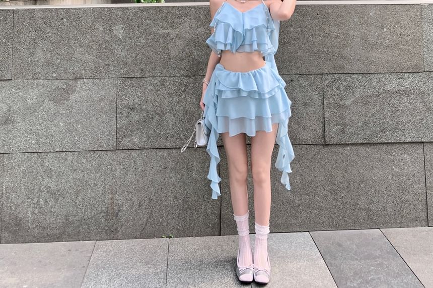 Camisole A-Line Mini Tiered Crop Skirt Ruffle / High Plain Top Waist
