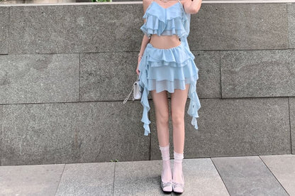 Camisole A-Line Mini Tiered Crop Skirt Ruffle / High Plain Top Waist