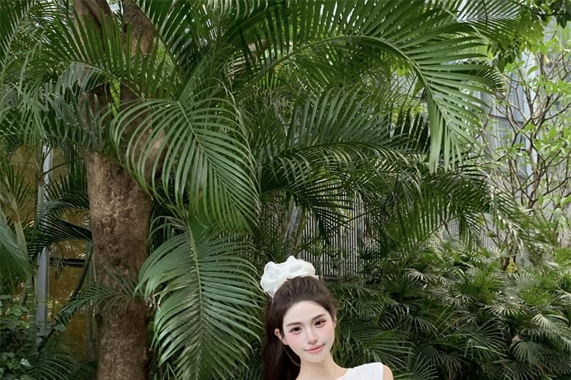 / Top Waist Sleeveless Drawstring Skirt Tie-Up Plain One Mini A-Line Shoulder