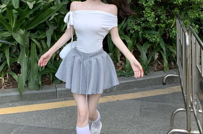 / Top Waist Sleeveless Drawstring Skirt Tie-Up Plain One Mini A-Line Shoulder