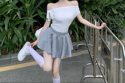 / Top Waist Sleeveless Drawstring Skirt Tie-Up Plain One Mini A-Line Shoulder