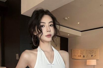 Ruffle Top Asymmetrical Halter Plain