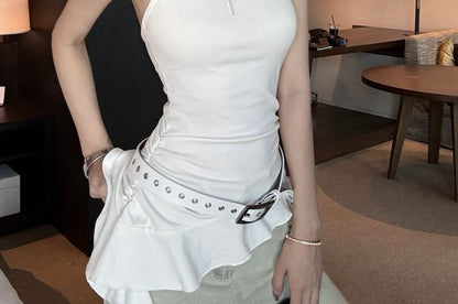 Ruffle Top Asymmetrical Halter Plain