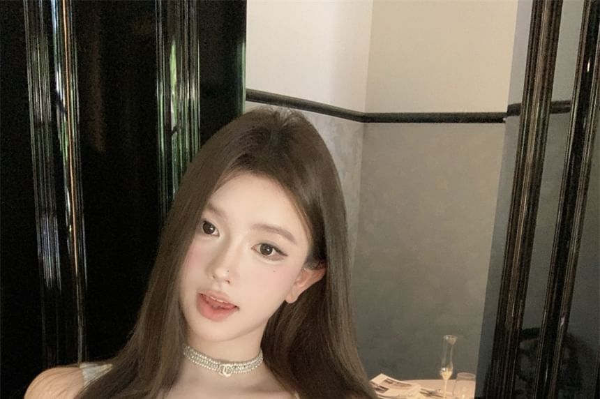 Sleeveless Mini Neck Waist Pencil High Tweed Skirt Scoop Set: Faux Beaded + Crop Top Pearl Button