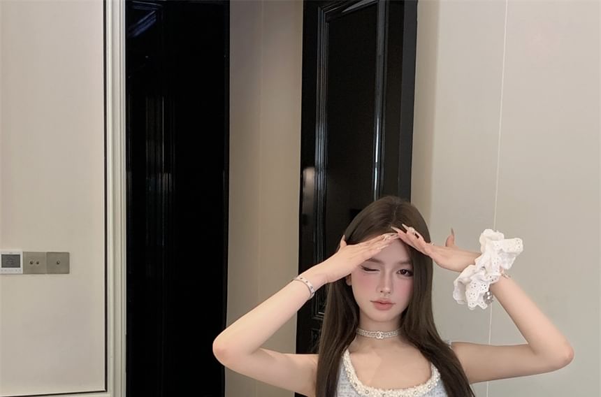 Sleeveless Mini Neck Waist Pencil High Tweed Skirt Scoop Set: Faux Beaded + Crop Top Pearl Button