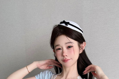 Top Lace Sleeve Short Panel V-Neck Bow