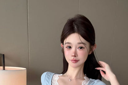 Top Lace Sleeve Short Panel V-Neck Bow