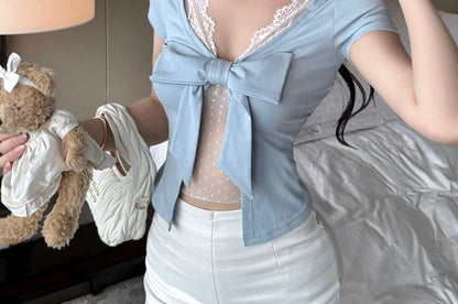 Top Lace Sleeve Short Panel V-Neck Bow