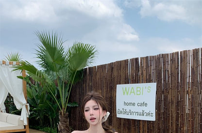 Drawstring Waist Skirt A-Line Bow / Top Balloon Tube Mini Plain Plaid