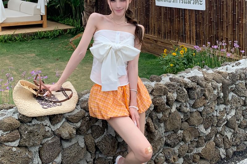 Drawstring Waist Skirt A-Line Bow / Top Balloon Tube Mini Plain Plaid
