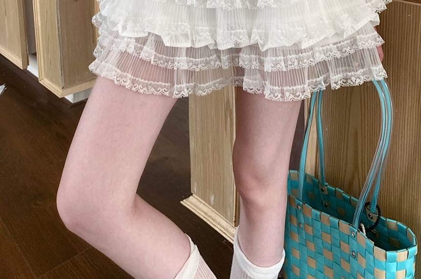 Panel High Skirt Tiered Lace A-Line Mini Waist Plain