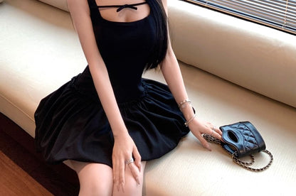 Bow Plain Mini Gathered Sleeveless A-Line Square Neck Dress
